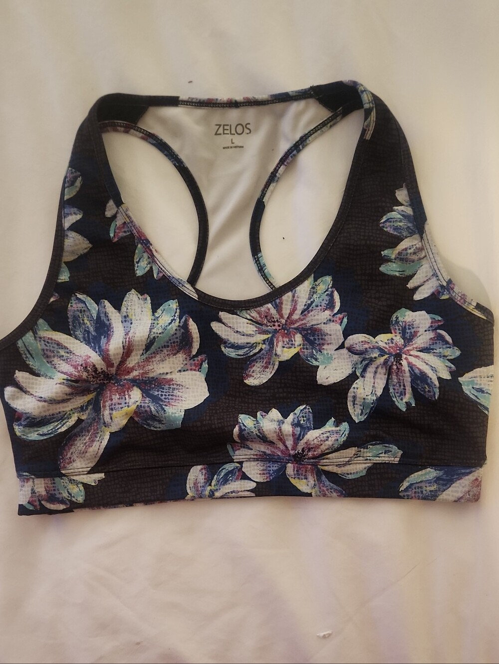 ZELOS Navy Floral Racerback Sports Bra with Blue and Purple Blooms